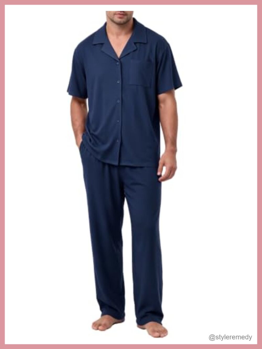 Men's Button Down Pajama Set Short Sleeve Top Long Pants Stretchy Knit